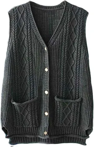 FTCayanz Women's Sweater Vest Button Down Cable Knit Cardigan Outwear