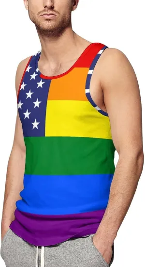 Gay Proud Rights U.S. Flag Mens Tank Top Undershirt Sleeveless Gym Vest Workout T-Shirts