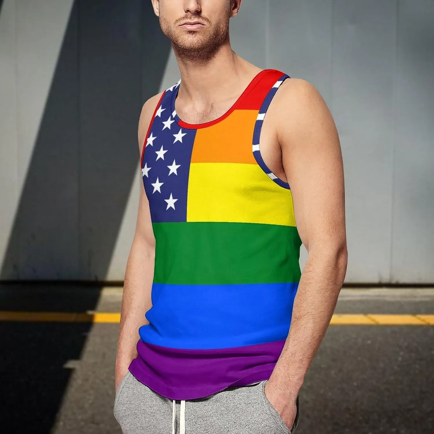 Gay Proud Rights U.S. Flag Mens Tank Top Undershirt Sleeveless Gym Vest Workout T-Shirts