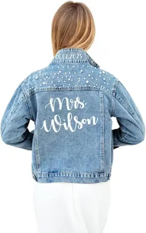 Generic Custom Wedding Jackets for Bride, Customized Denim Bridal Jacket with Pearls Future Mrs, Personalized Jean Jacket for Women Trendy, X-Small-3X-Large, Blue
