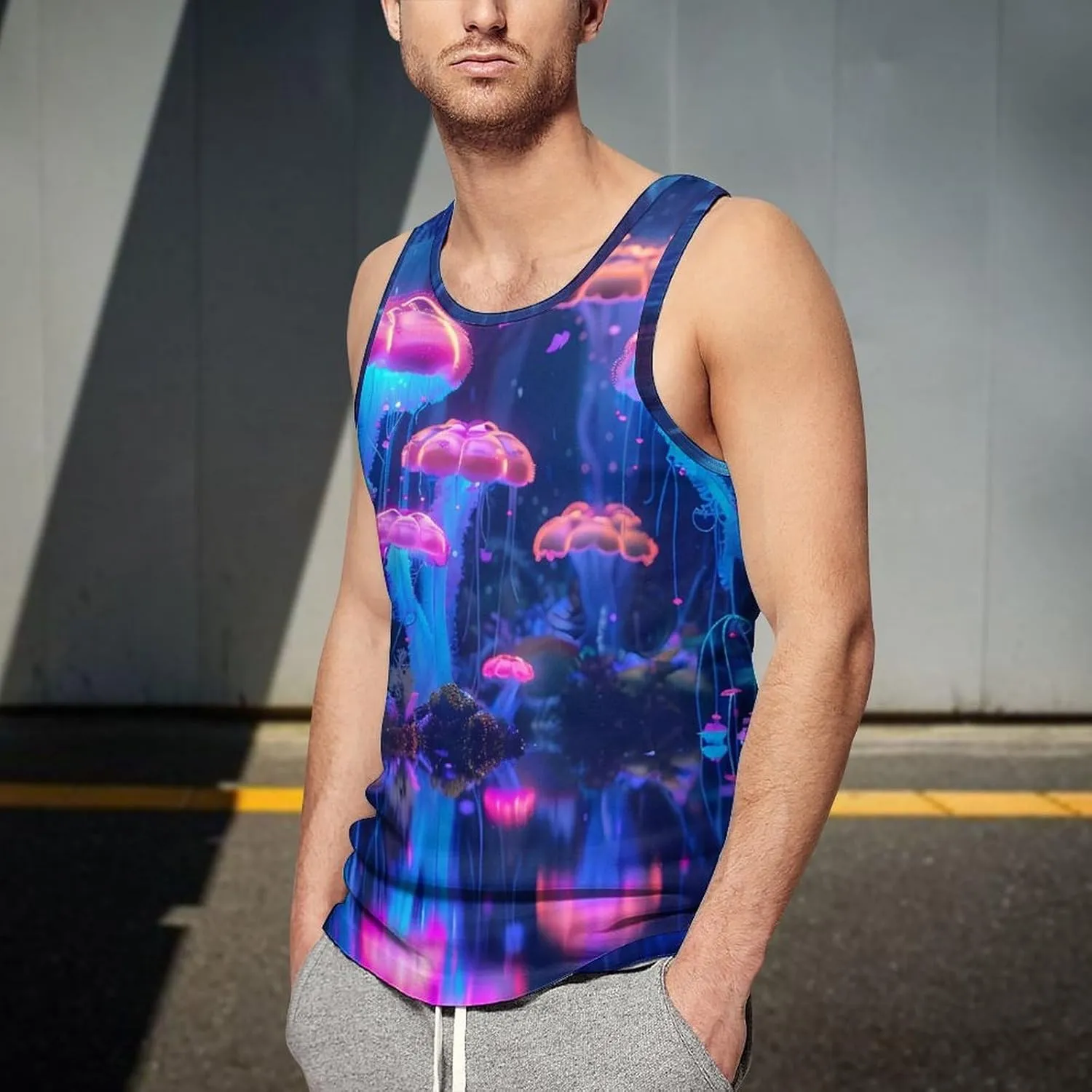 Glowing Jellyfish Mens Tank Top Undershirt Sleeveless Gym Vest Workout T-Shirts