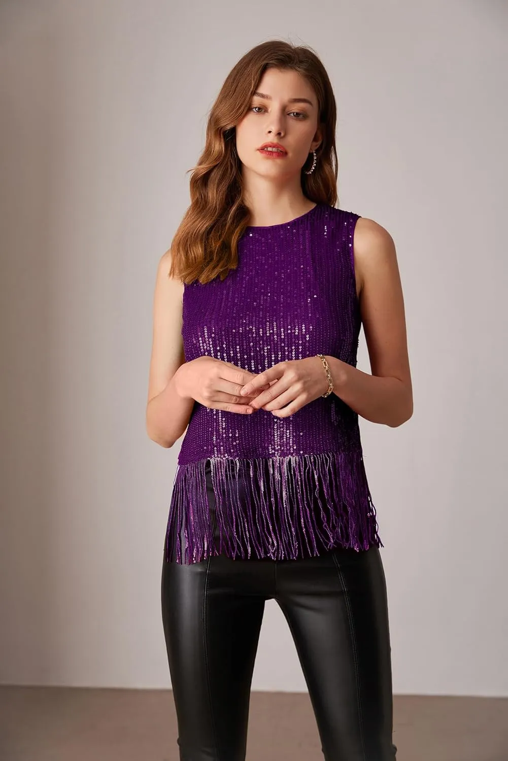 GRACE KARIN Sparkly Fringe Tops for Women Sleeveless Crewneck Tassel Sequin Tank Top Glitter Crop Party Shirt Cami Outfit