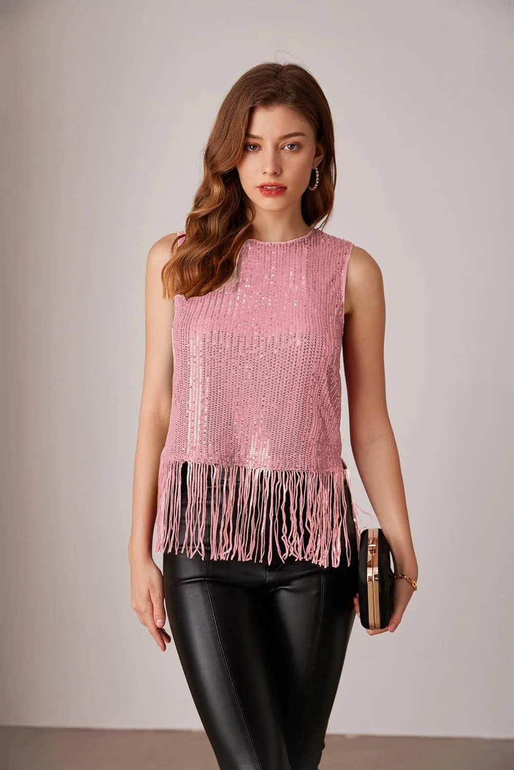 GRACE KARIN Sparkly Fringe Tops for Women Sleeveless Crewneck Tassel Sequin Tank Top Glitter Crop Party Shirt Cami Outfit
