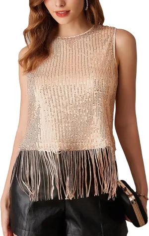 GRACE KARIN Sparkly Fringe Tops for Women Sleeveless Crewneck Tassel Sequin Tank Top Glitter Crop Party Shirt Cami Outfit