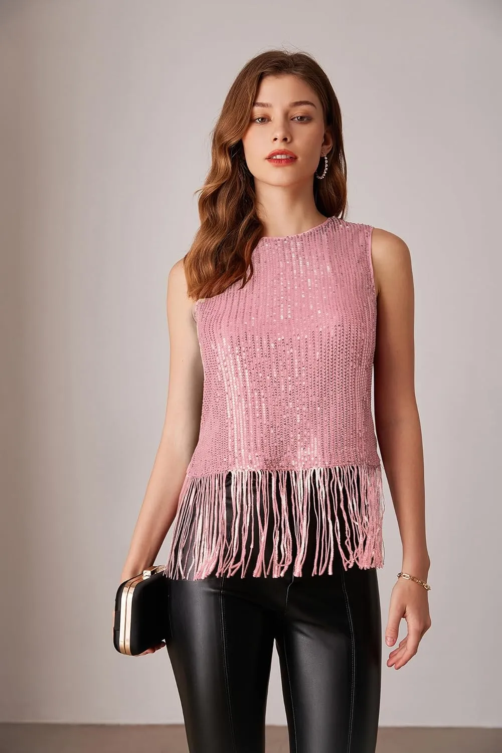 GRACE KARIN Sparkly Fringe Tops for Women Sleeveless Crewneck Tassel Sequin Tank Top Glitter Crop Party Shirt Cami Outfit