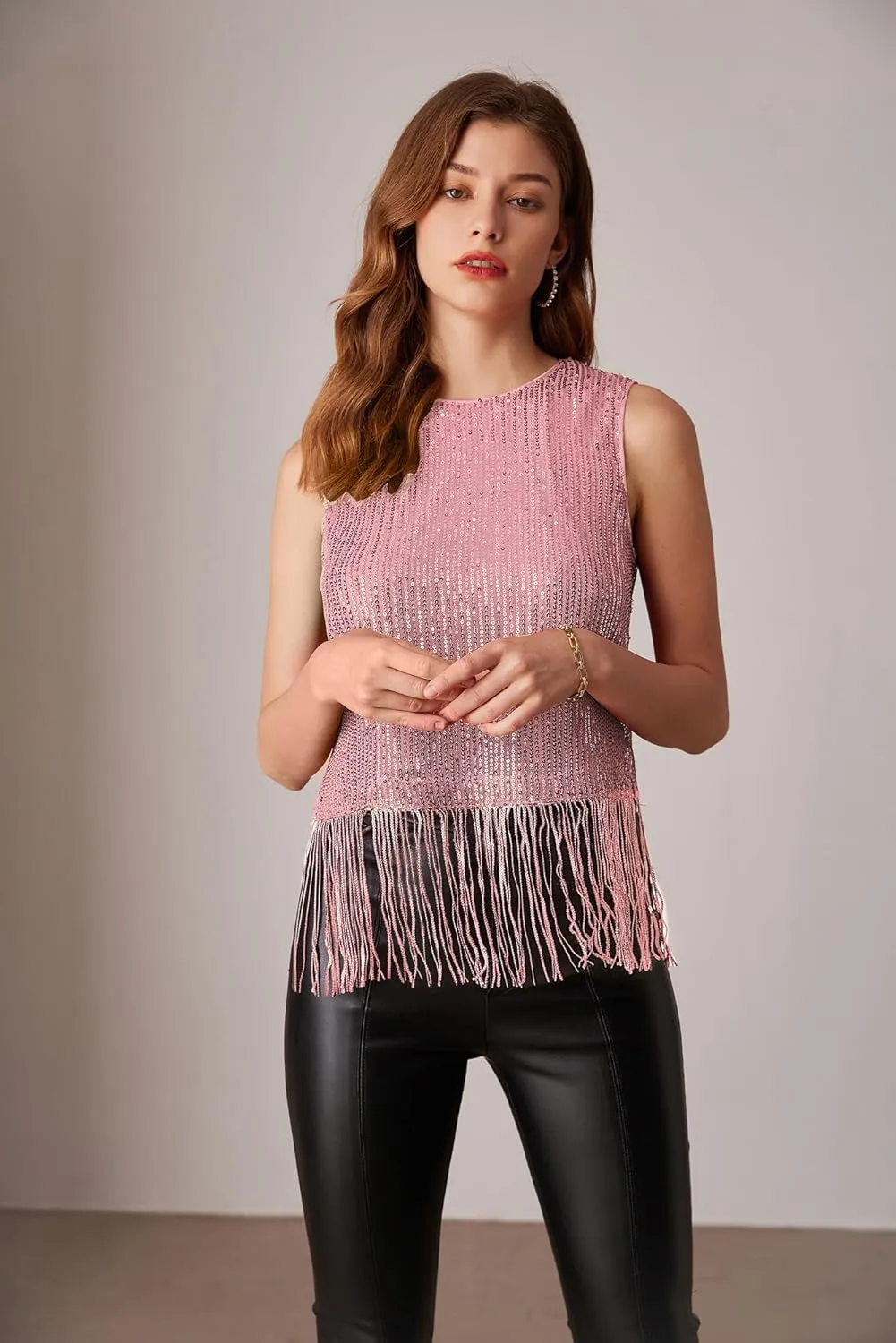 GRACE KARIN Sparkly Fringe Tops for Women Sleeveless Crewneck Tassel Sequin Tank Top Glitter Crop Party Shirt Cami Outfit