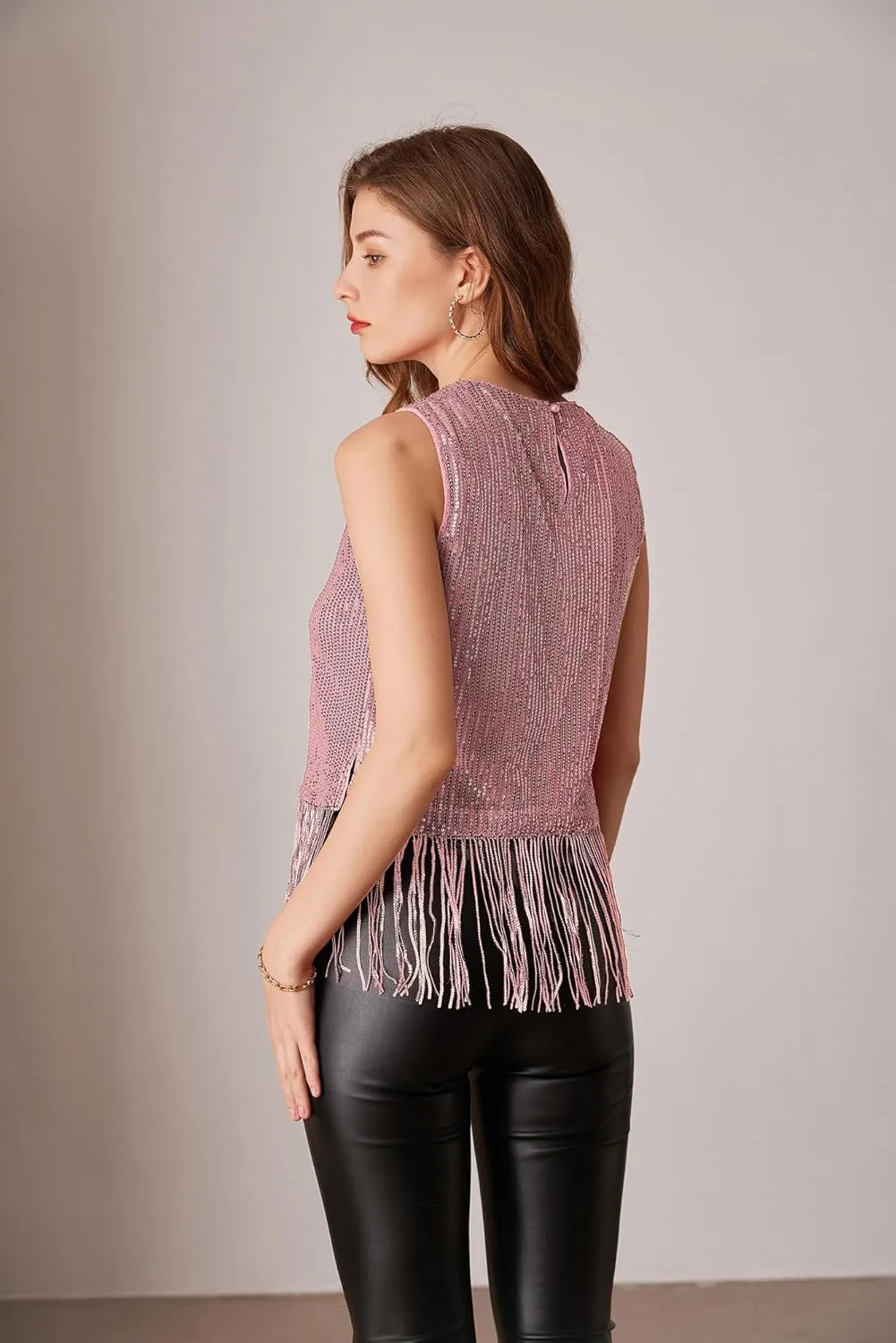 GRACE KARIN Sparkly Fringe Tops for Women Sleeveless Crewneck Tassel Sequin Tank Top Glitter Crop Party Shirt Cami Outfit