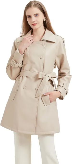GRAN ORIENTE Women's Faux Leather Trench Coat Overcoat with Detachable Fur Collar,Winter Mid Length Pea Coat Belted Jacket