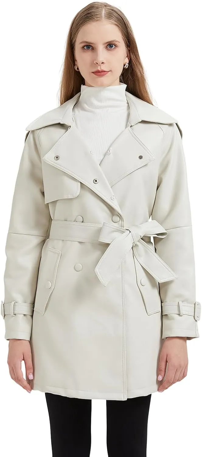 GRAN ORIENTE Women's Faux Leather Trench Coat Overcoat with Detachable Fur Collar,Winter Mid Length Pea Coat Belted Jacket