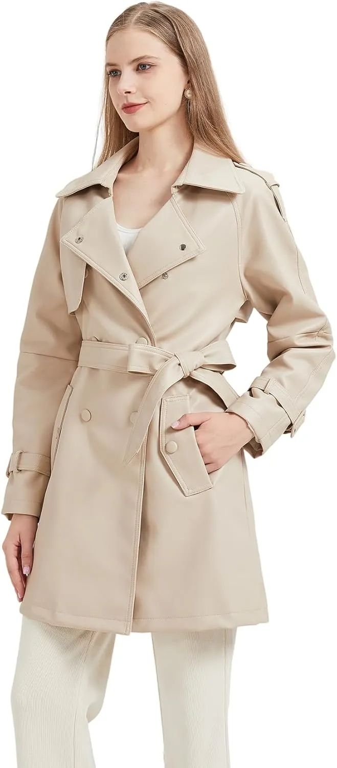 GRAN ORIENTE Women's Faux Leather Trench Coat Overcoat with Detachable Fur Collar,Winter Mid Length Pea Coat Belted Jacket