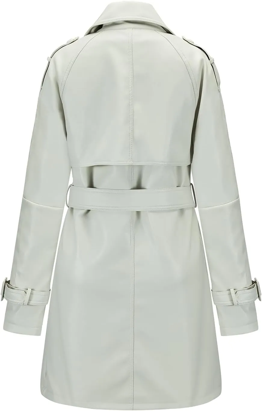 GRAN ORIENTE Women's Faux Leather Trench Coat Overcoat with Detachable Fur Collar,Winter Mid Length Pea Coat Belted Jacket