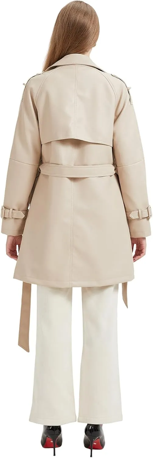 GRAN ORIENTE Women's Faux Leather Trench Coat Overcoat with Detachable Fur Collar,Winter Mid Length Pea Coat Belted Jacket