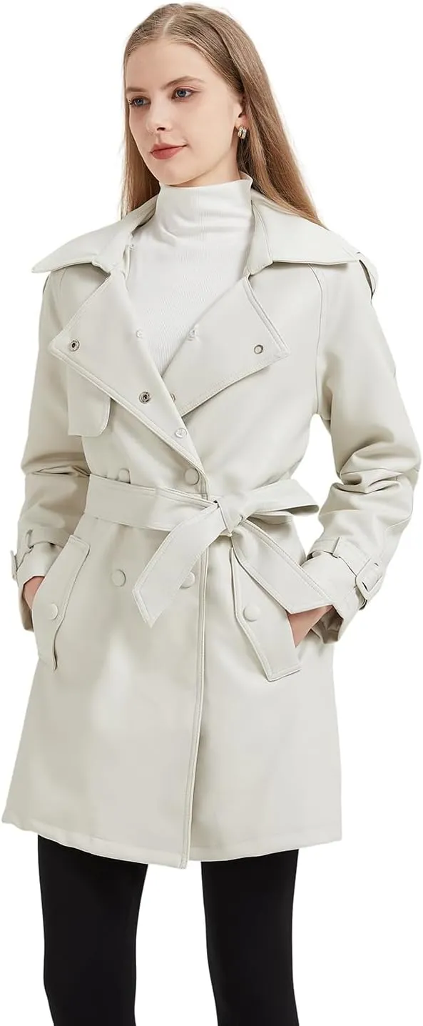 GRAN ORIENTE Women's Faux Leather Trench Coat Overcoat with Detachable Fur Collar,Winter Mid Length Pea Coat Belted Jacket