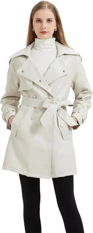 GRAN ORIENTE Women's Faux Leather Trench Coat Overcoat with Detachable Fur Collar,Winter Mid Length Pea Coat Belted Jacket