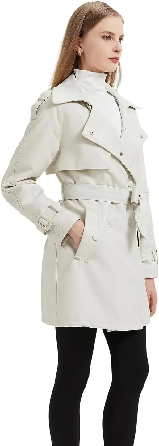 GRAN ORIENTE Women's Faux Leather Trench Coat Overcoat with Detachable Fur Collar,Winter Mid Length Pea Coat Belted Jacket