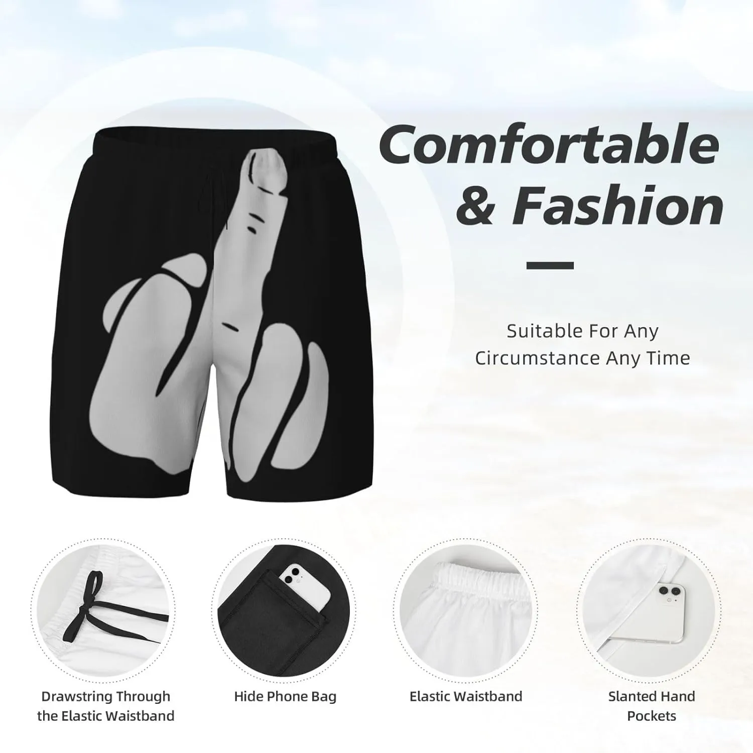 Hand Middle Finger Men's Swim Trunks Soft Comfort Swim Shorts Fashion Swim Briefs with Drawstring