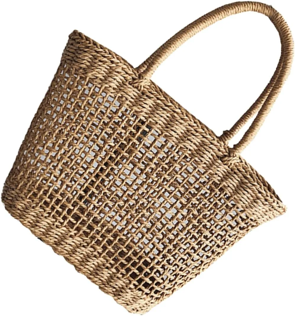 Handmade Woven Beach Bag Light Brown Hollow out Travel Handbag for Vacation Shopping Daily Use Stylish and Versatile Woven Pouch for Summer Outings