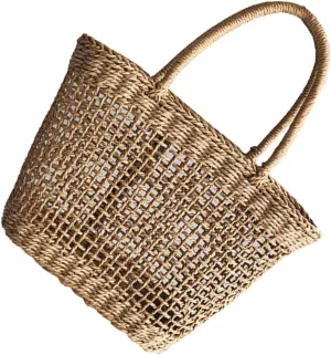 Handmade Woven Beach Bag Light Brown Hollow out Travel Handbag for Vacation Shopping Daily Use Stylish and Versatile Woven Pouch for Summer Outings