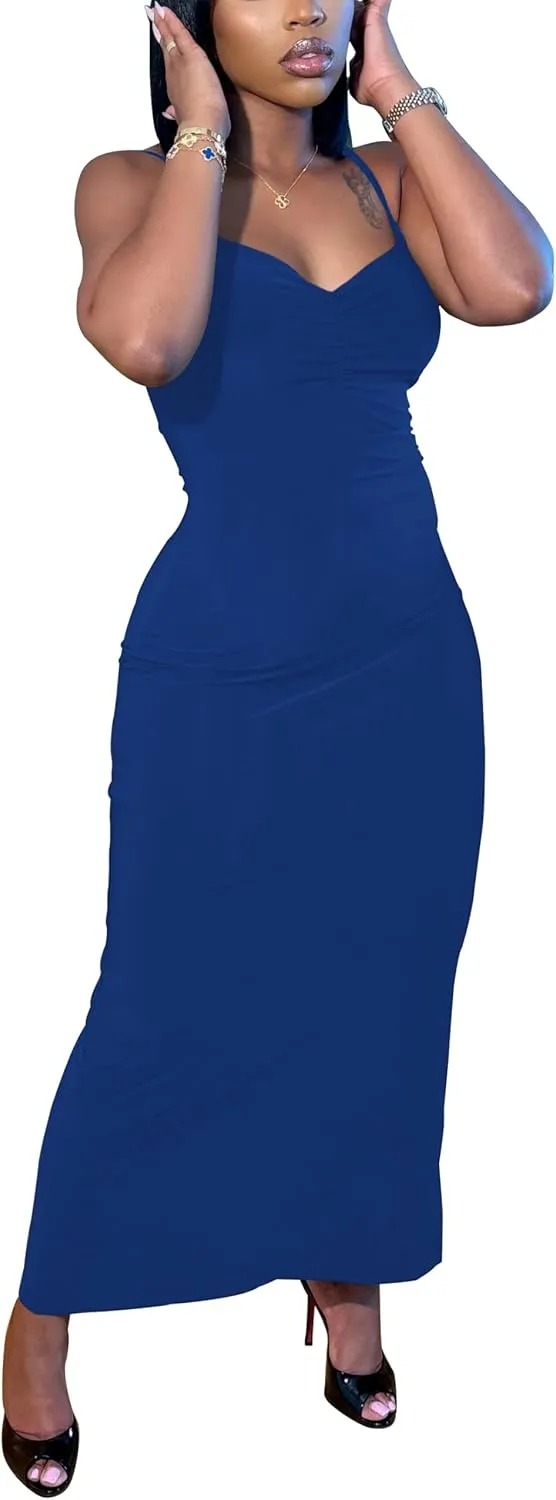 HBQ Womens Summer Casual Slip Dresses Spaghetti Adjustable Strap Bodycon Maxi Dress Pleated V Neck Sexy Club Party Dress