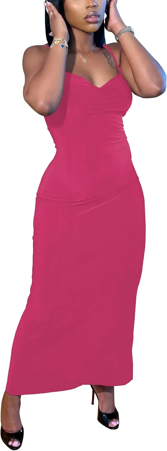 HBQ Womens Summer Casual Slip Dresses Spaghetti Adjustable Strap Bodycon Maxi Dress Pleated V Neck Sexy Club Party Dress