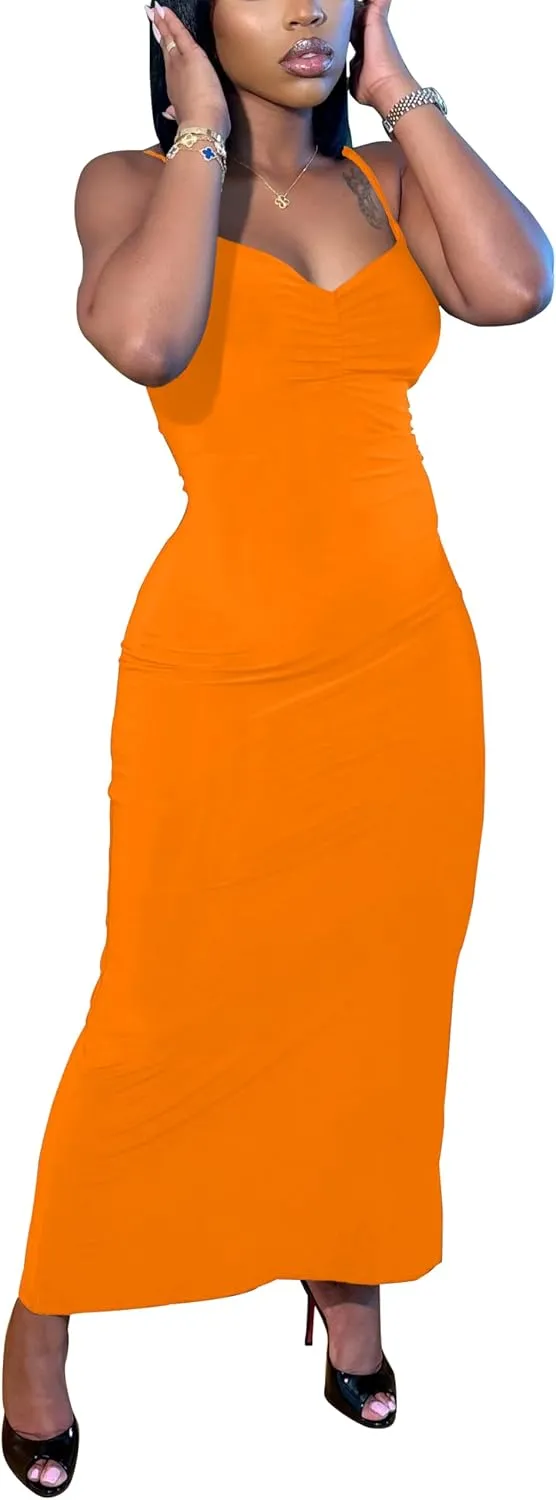 HBQ Womens Summer Casual Slip Dresses Spaghetti Adjustable Strap Bodycon Maxi Dress Pleated V Neck Sexy Club Party Dress