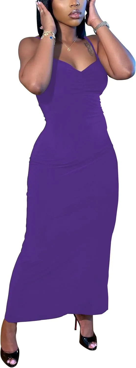 HBQ Womens Summer Casual Slip Dresses Spaghetti Adjustable Strap Bodycon Maxi Dress Pleated V Neck Sexy Club Party Dress