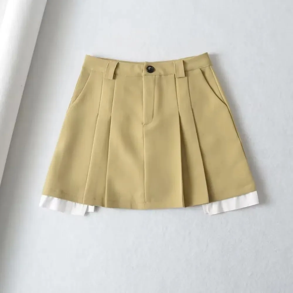 High Waist Patchwork Pleated Skirt for Women
