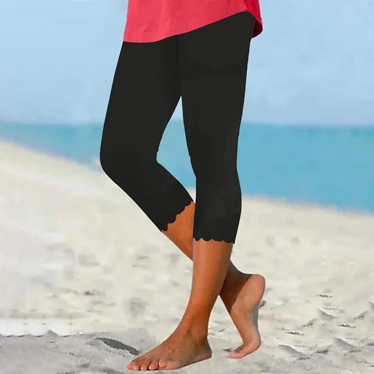 High Waisted Capri Leggings for Women Workout Running Yoga Pants Casual Summer Solid Color Beach Cropped Trousers