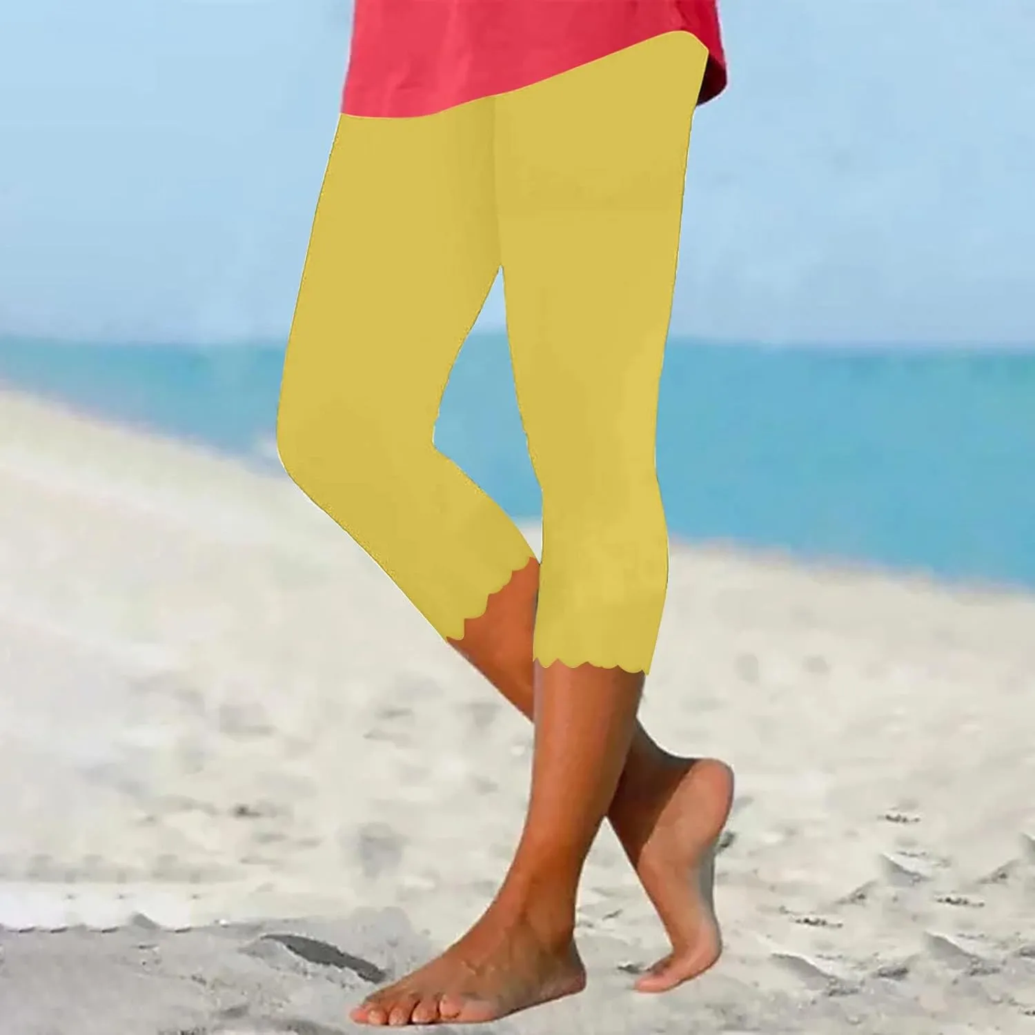 High Waisted Capri Leggings for Women Workout Running Yoga Pants Casual Summer Solid Color Beach Cropped Trousers