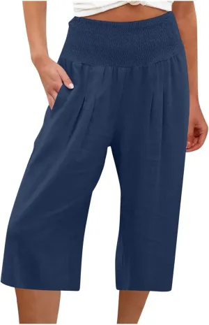 High Waisted Capri Pants for Women Casual Summer Wide Leg Cotton Linen Pant Beach Cropped Trousers Resort Wear