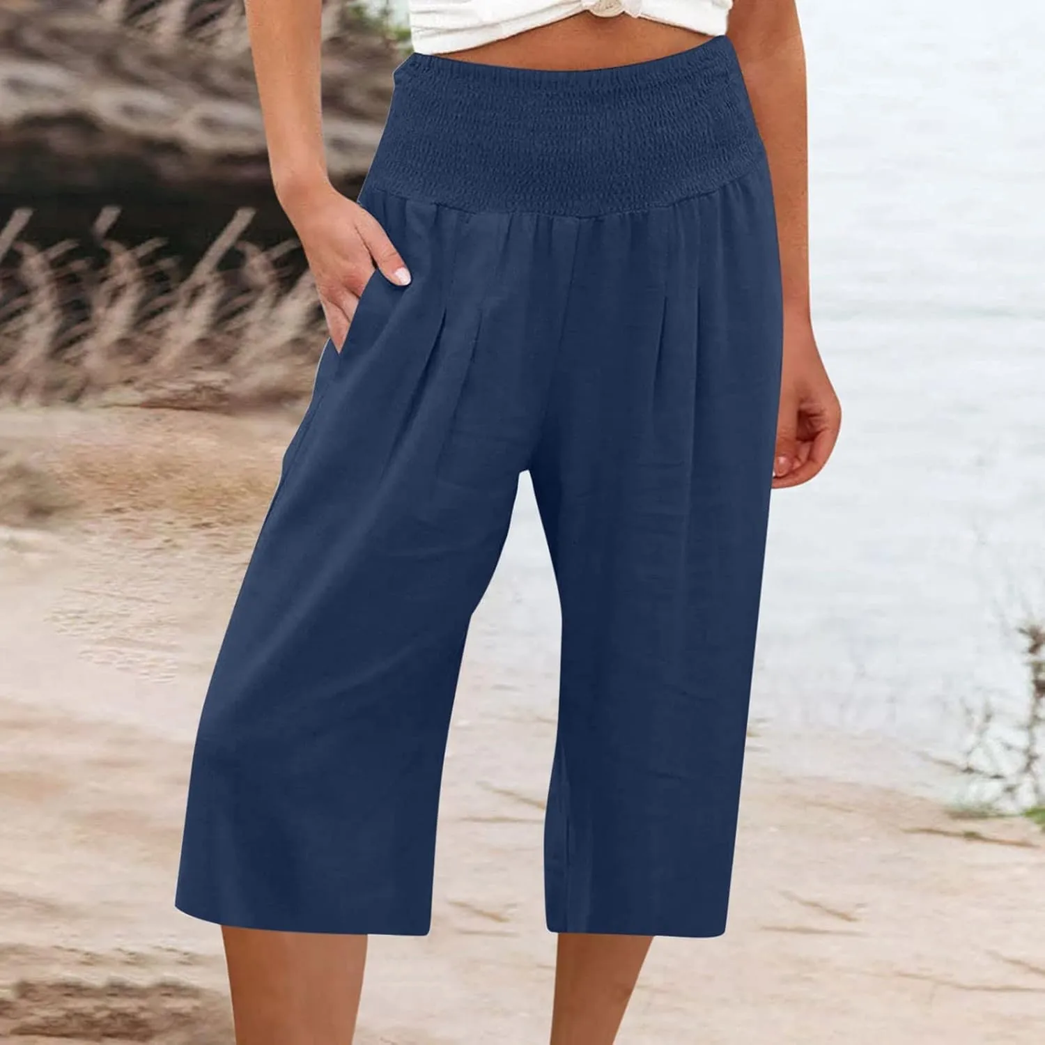 High Waisted Capri Pants for Women Casual Summer Wide Leg Cotton Linen Pant Beach Cropped Trousers Resort Wear