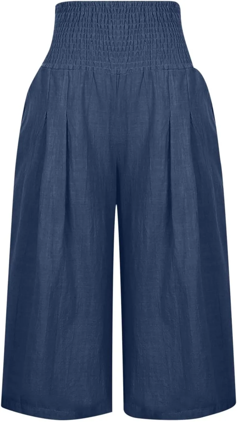 High Waisted Capri Pants for Women Casual Summer Wide Leg Cotton Linen Pant Beach Cropped Trousers Resort Wear