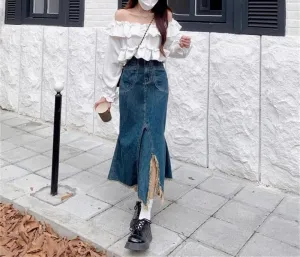 High-Waisted Slimming Denim Skirt Medium-Length Spring Summer Vintage Women's Skirt