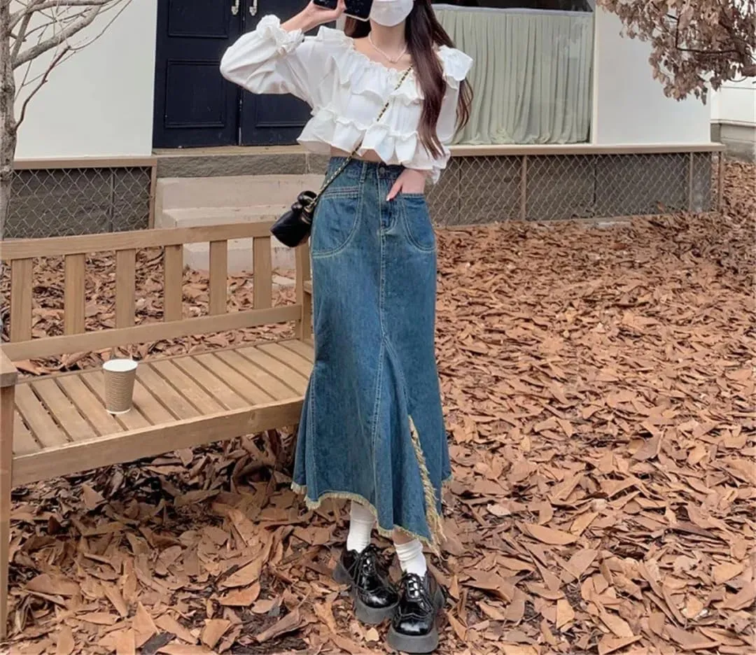 High-Waisted Slimming Denim Skirt Medium-Length Spring Summer Vintage Women's Skirt