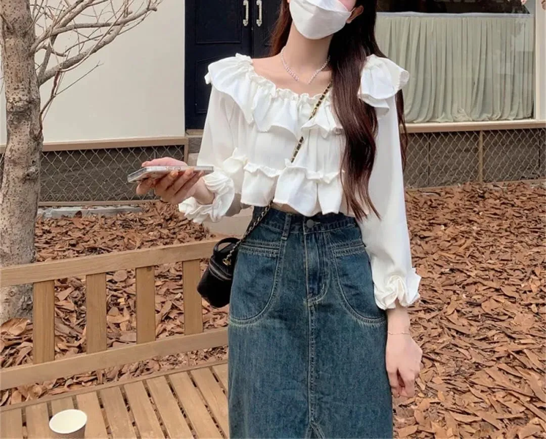 High-Waisted Slimming Denim Skirt Medium-Length Spring Summer Vintage Women's Skirt