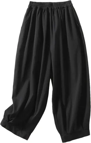 Hndudnff Women Summer Cotton Trousers Casual Loose Calf-Length Harem Pants Solid Wide Leg Pants
