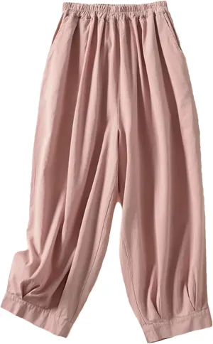 Hndudnff Women Summer Cotton Trousers Casual Loose Calf-Length Harem Pants Solid Wide Leg Pants