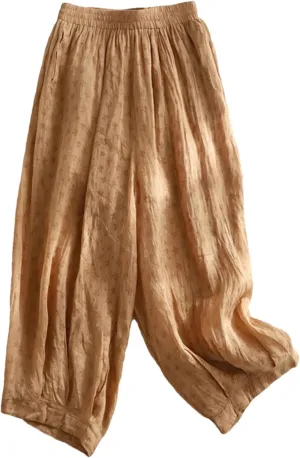 Hndudnff Women Summer Thin Cotton Linen Wide Leg Pants Casual Floral Print Elastic Waist Harem Trousers