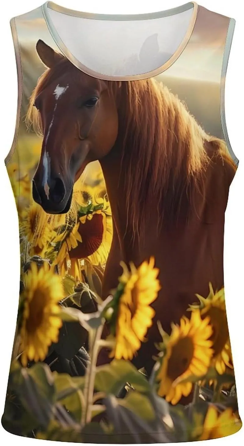 Horse and Sunflowers Mens Tank Top Undershirt Sleeveless Gym Vest Workout T-Shirts