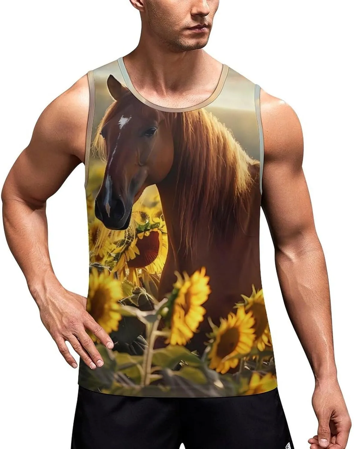 Horse and Sunflowers Mens Tank Top Undershirt Sleeveless Gym Vest Workout T-Shirts
