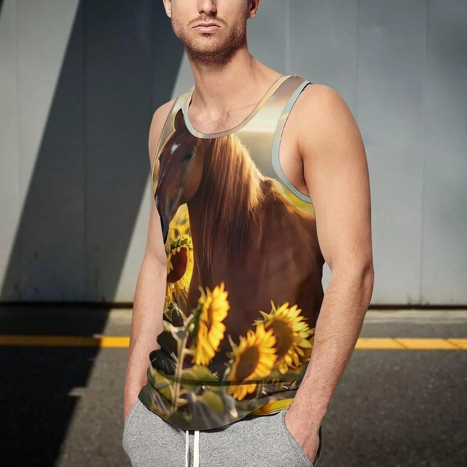 Horse and Sunflowers Mens Tank Top Undershirt Sleeveless Gym Vest Workout T-Shirts
