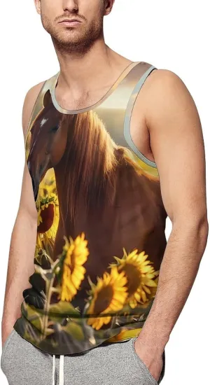 Horse and Sunflowers Mens Tank Top Undershirt Sleeveless Gym Vest Workout T-Shirts