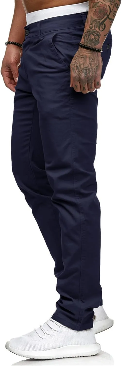 HUNGSON Mens Chinos Dress Pants Slim Straight Fit Flat-Front Golf Pants Casual Travel Slacks