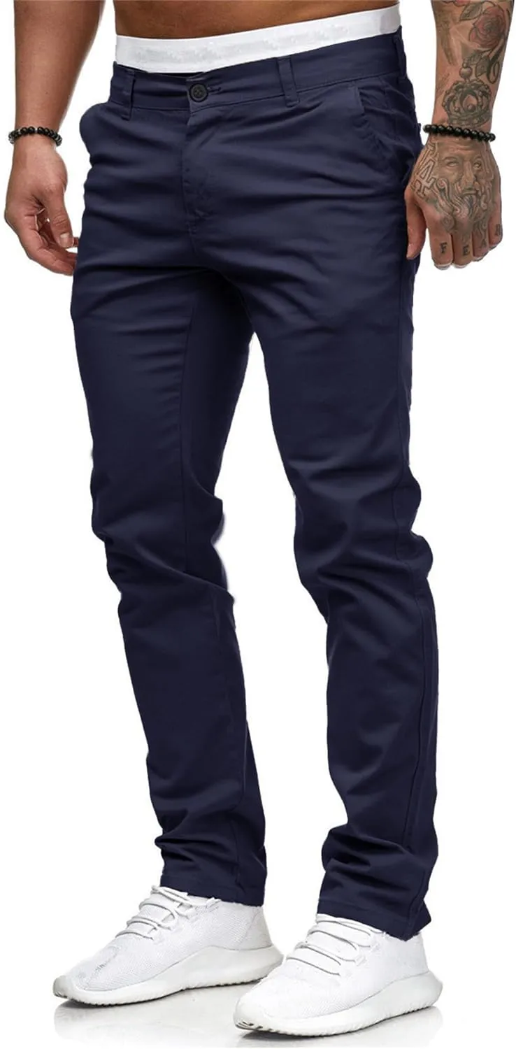 HUNGSON Mens Chinos Dress Pants Slim Straight Fit Flat-Front Golf Pants Casual Travel Slacks