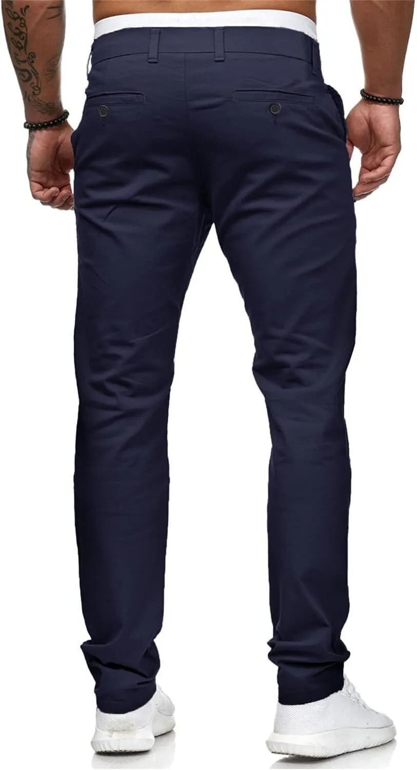 HUNGSON Mens Chinos Dress Pants Slim Straight Fit Flat-Front Golf Pants Casual Travel Slacks