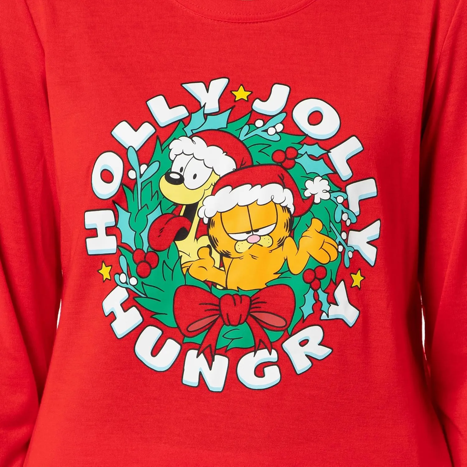 INTIMO Garfield Women's Holiday Holly Jolly Hungry Long Sleeve Pajama Jogger Lounge Sleep Set