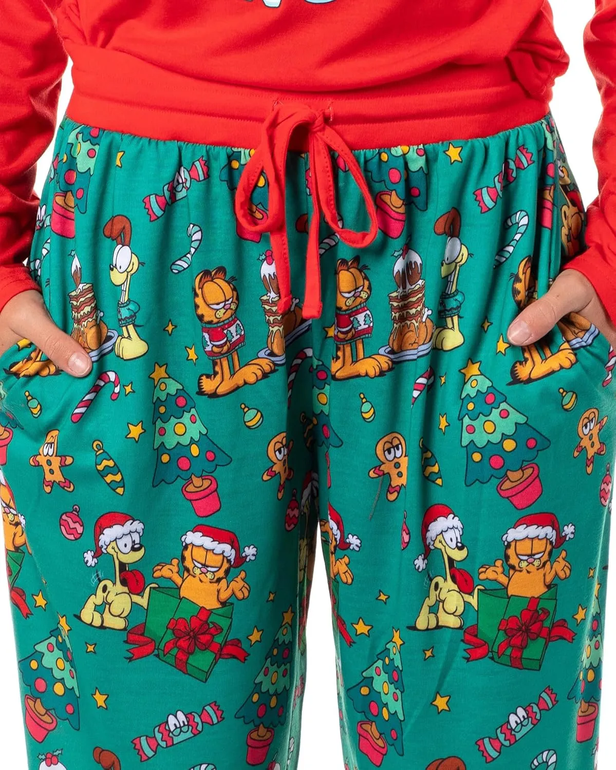 INTIMO Garfield Women's Holiday Holly Jolly Hungry Long Sleeve Pajama Jogger Lounge Sleep Set