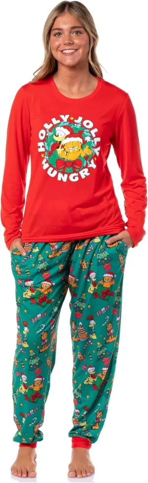 INTIMO Garfield Women's Holiday Holly Jolly Hungry Long Sleeve Pajama Jogger Lounge Sleep Set