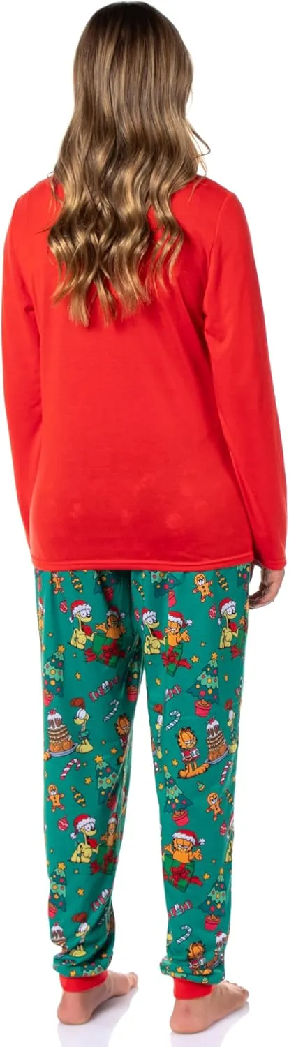 INTIMO Garfield Women's Holiday Holly Jolly Hungry Long Sleeve Pajama Jogger Lounge Sleep Set
