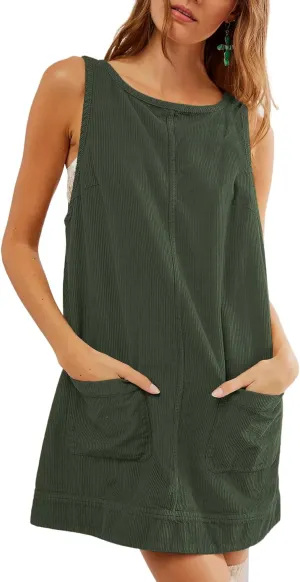Kedera Women's Corduroy Overall Dress Scoop Neck A Line Pinafore Mini Dress Skirtall Jumper Dress with Pockets